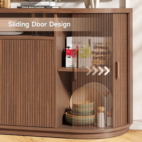 63" Sideboard Buffet Cabinet with Storage, Modern Fluted Credenza, Walnut, view 4