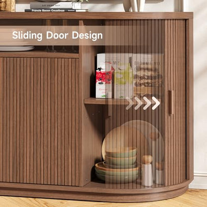 63" Sideboard Buffet Cabinet with Storage, Modern Fluted Credenza, Walnut, view 4