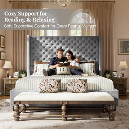 Queen Bed Frame with 63" Tall Wingback Headboard, Grey, view 4