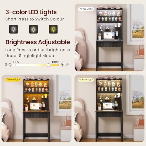 Small Study Desk - 25.6" Computer Desk with 3 Color LED and Charging Station, LED Home Office Desks with Storage Cabinet and Outlet, Writing Desks for Bedroom, Studyroom,Black
