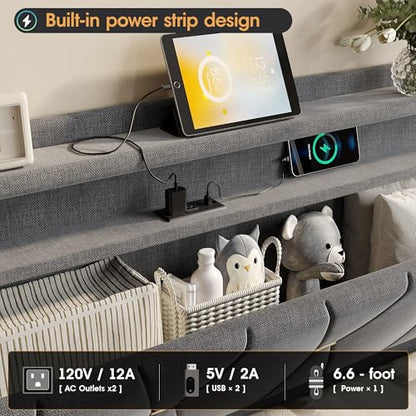 King Size Lift Up Storage Bed Frame, Storage Headboard with Charging Station, view 4