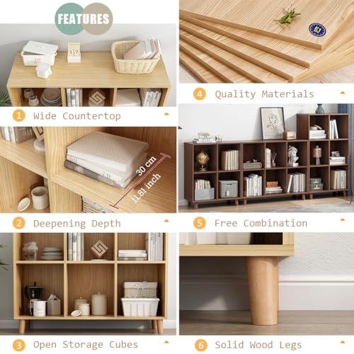 IOTXY Open Cubes Low Bookcase - 3-Tier 11-Cube Short Bookshelf in Walnut | Nordic Minimalist Style, MDF Material, Solid Wood Legs, Deep Storage Cubes, Free Standing Wooden Cabinet Organizer Unit