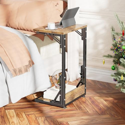 C Shaped End Table, Folding TV Tray Table, Side Table for Living Bedroom, Rustic Brown