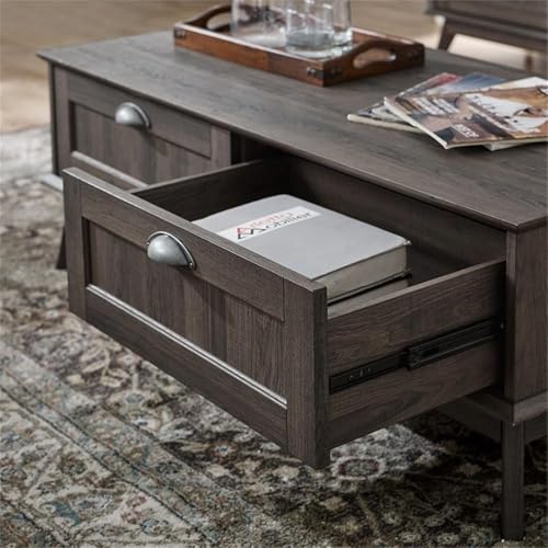 Wood Coffee Table with 2 Drawers, Smoke Oak Finish, 45 x 22 in, Engineered Wood and Metal, Durable Laminate, Scandinavian Design Living Room Table with Storage