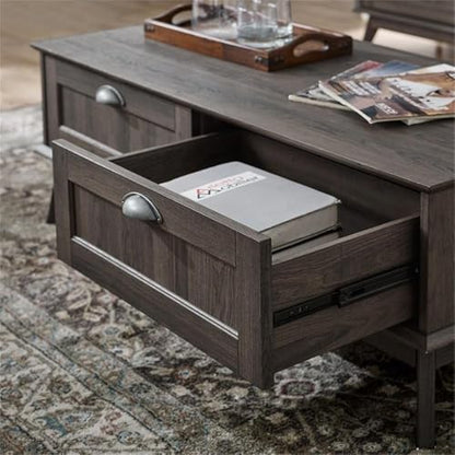 Eden Home Wood Coffee Table, Smoke Oak Finish, 15.7" H x 45" W x 22" D, Durable Engineered Wood and Metal, 2 Drawers Storage, Scandinavian Style Living Room Center Table