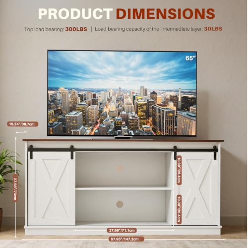 Farmhouse TV Stand 65 Inch, Wooden Entertainment Center, White, view 3