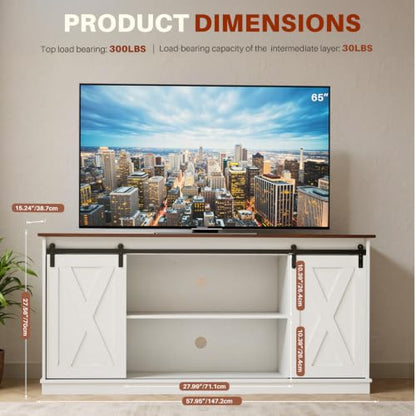 Farmhouse TV Stand 65 Inch, Wooden Entertainment Center, White, view 3