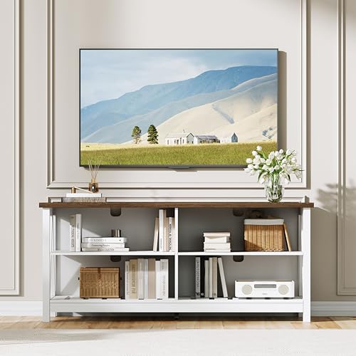 Farmhouse TV Stand for TVs up to 55 Inch, Modern Entertainment Center with 4 Open Shelves & Built-in Cable Holes, Media TV Console for Living Room, Bedroom, White