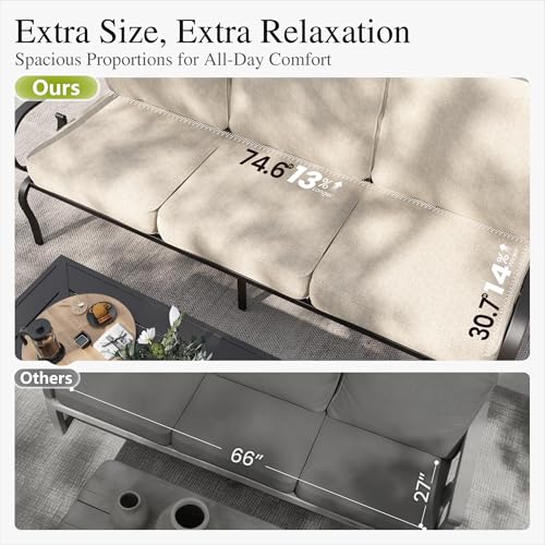 Patio Conversation Set for 5, 3-Seater Sofa, 2 Swivel Chairs and a Coffee Table, Metal Outdoor Furniture with 5.75" Extra Thick Cushion, Beige