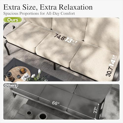 Patio Conversation Set for 5, 3-Seater Sofa, 2 Swivel Chairs and a Coffee Table, Metal Outdoor Furniture with 5.75" Extra Thick Cushion, Beige