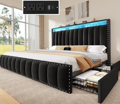 King Size Bed Frame with 4 Storage Drawers, RGB LED Light, Black, view 3
