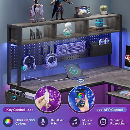 L Shaped Desk, 94.5 Inch Home Office Desk with Power Outlet & Pegboard, L Shaped Gaming Desk with LED Light, Keyboard Tray, Storage Shelves and Headphone Hook for Home Office, Grey
