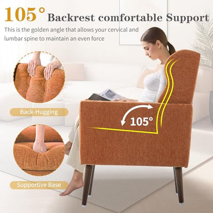 Modern Accent Chair, Upholstered Armchair with Pillow, Fabric Single Sofa Chair with Lounge Seat and Wood Legs Accent Chair for Living Room Bedroom Small Spaces (Orange, Set of 1)