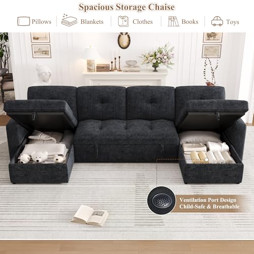 107'' LED Sectional Sleeper Sofa with Pull Out Couch Bed, U Shaped Couch with Storage Chaise, Adjustable Backrest & USB & 2 Pillows, Modern Chenille Home Sofa Living Room Furniture Set, Black