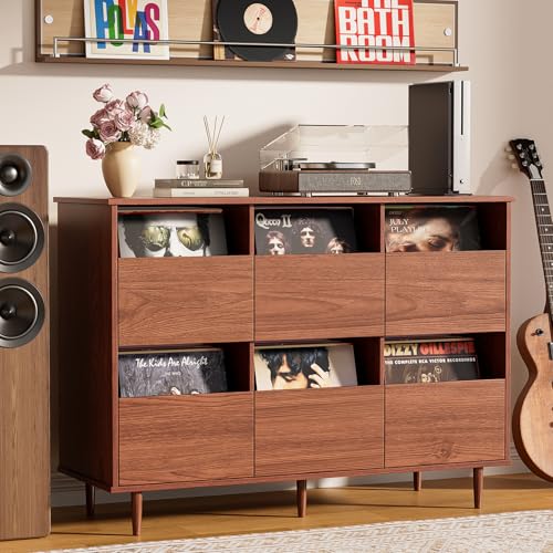47.2" Large Record Player Stand, Vinyl Record Storage Cabinet, Brown, view 2