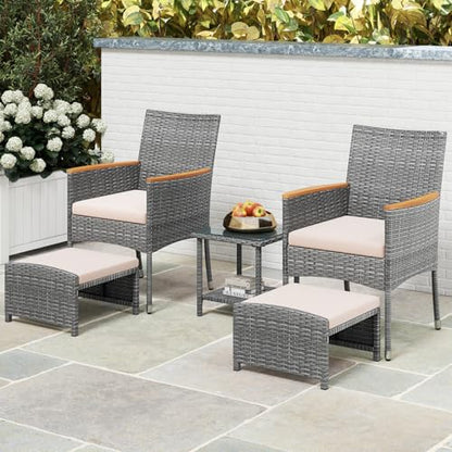 5 Pieces Patio Conversation Set, Outdoor PE Rattan Chairs with Soft Cushions, Ottomans & Tempered Glass Top Table, Acacia Wood Armrests, Patio Furniture Set (Mix Grey+Beige)