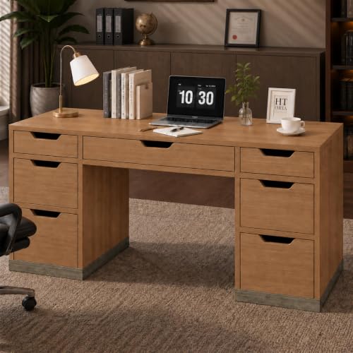 Executive Desk with Drawers, Office Desk with Stoarge, Brown, view 4