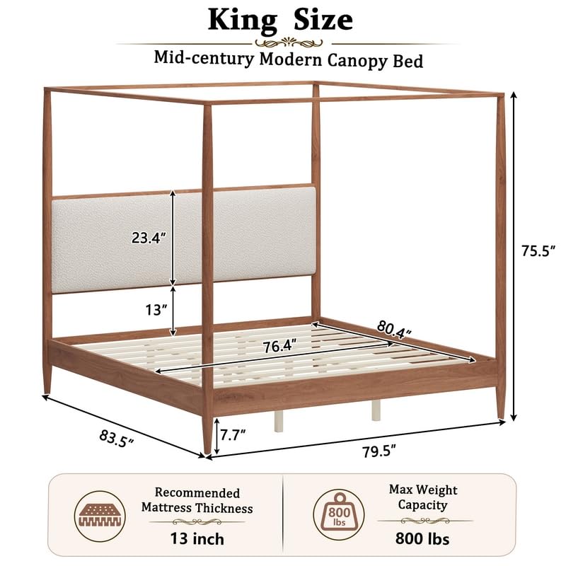 King Canopy Bed with Boucle Headboard ＆ Tapered Legs (Walnut), view 3