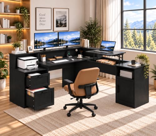 60" L-Shaped Computer Desk with Lift-Top, File Drawer & Storage Cabinet, view 2