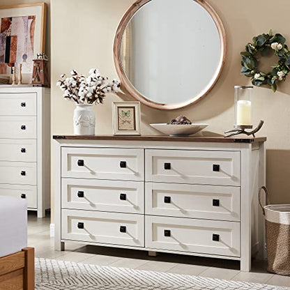54" Wide Farmhouse 6-Drawer Dresser for Bedroom, Antique White | Rustic, Wood Storage Cabinet, Metal Handle, Unique Corner Accent, Bedroom, Living Room, Hallway