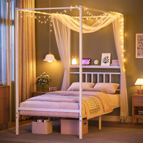 Twin Canopy Bed Frame with Storage Headboard Minimalist Style 4 Posters Bed, view 8