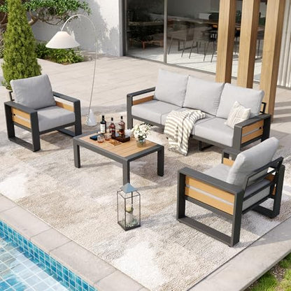 Aluminum Patio Furniture Set, 5 Seats Luxury Outdoor Sectional with 6" Olefin Fabric Cushions, Patio Conversation Sets with Coffee Table for Backyard, Porch Light Grey