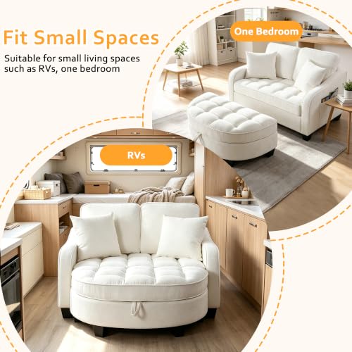 51" Sleeper Sofa Bed, Corduroy Chaise Lounge with Ottoman, White, view 7