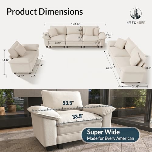 3 Pieces Modular Sectional Couch Set with Armchair Loveseat | Modern 6-Seater Cloud Sofa Set, Beige, Wider Armrest, Comfy Deep Seat, Soft Chenille Furniture Set for Living Room