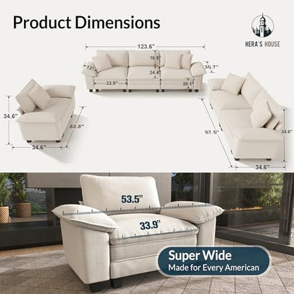 3 Pieces Modular Sectional Couch Set with Armchair Loveseat | Modern 6-Seater Cloud Sofa Set, Beige, Wider Armrest, Comfy Deep Seat, Soft Chenille Furniture Set for Living Room