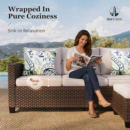 Patio Furniture Set, 5 Pieces Outdoor Wicker Furniture, All Weather Rattan Patio Conversation Set, Deep Seating Outdoor Sofa Sets for Lawn Deck Backyard, Brown/Beige