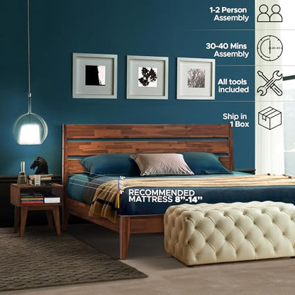 Acacia Emery Queen Solid Wood Platform Bed Frame with Headboard – Gift Matching Nightstand Included, Farmhouse Mid-Century Modern, Walnut Finish, Sturdy, No Box Spring Needed, Easy Assembly