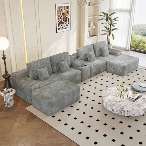 150" U-Shaped Oversized Corduroy Modular Sectional Sofa with 2 Ottomans and Multi Functional Console, 6-Seater Upholstered Couch with USB and 2 Cup Holder, Easy Assembly, for Living Room, Grey