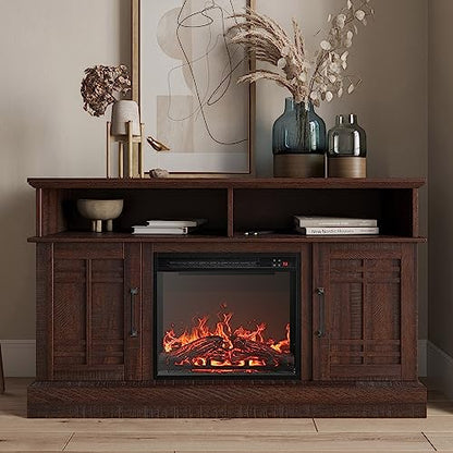 48" TV Stand with 18" Electric Fireplace Heater, Modern TV Stand for TVs up to 50", Entertainment Media Stand with Open Shelves and Storage Cabinets for Living Room, Bedroom (Espresso)