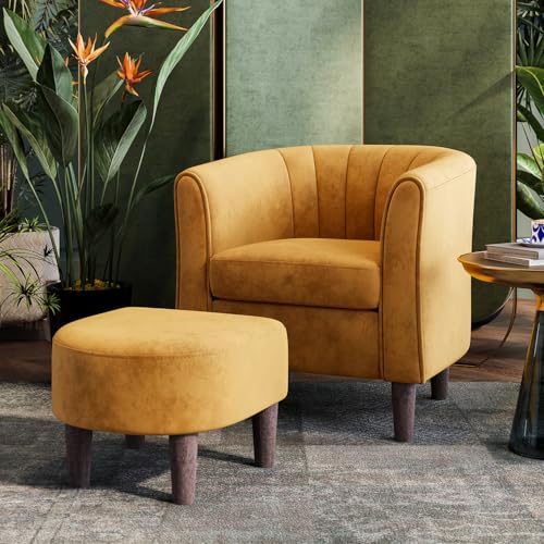 Accent Chair with Ottoman, Modern Barrel Chair Small Armchair Reading Chair with Footrest, Comfy Round Arms Chair for Living Room Bedroom Reading Room, Velvet, Yellow
