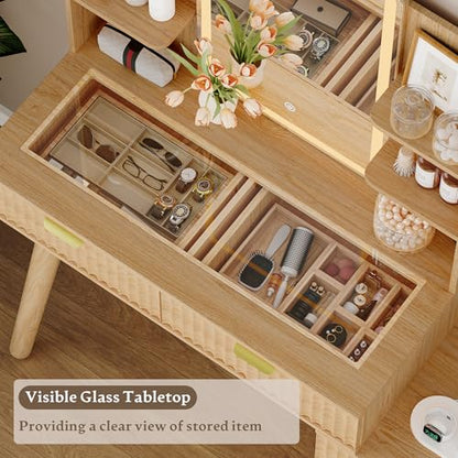 Fluted Vanity Desk with LED Lights Mirror & Charging Station, Oak, view 5