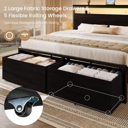 King LED Bed Frame, 2 Storage Drawers, Charging Station, Black, view 7