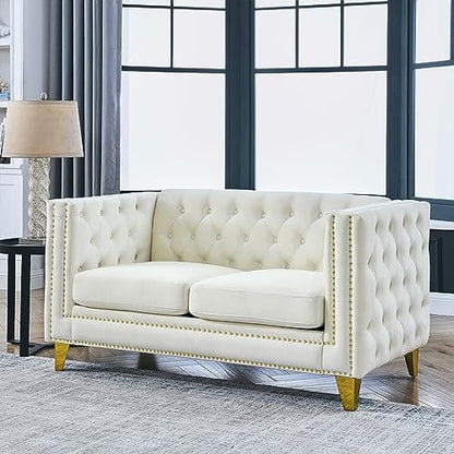Comfy Upholstered Couches for Living Room, 58-inch Modern Button Tufted Loveseat Sofa w/Square Arm, 4 Golden Metal Legs and Gold Nail Heads for Living Room, Office, Apartment, Beige