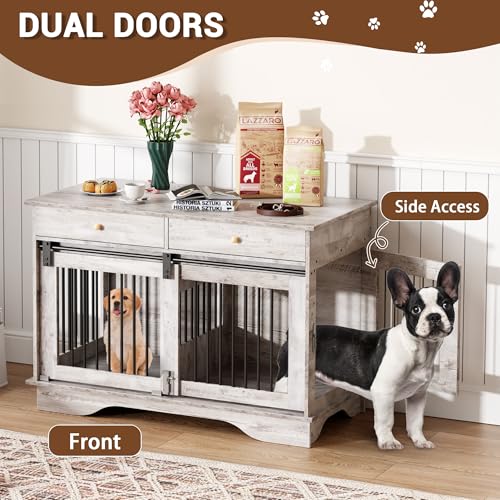 Multi-Functional Large Wooden Dog Crate Furniture – Double Kennel End Table, view 7