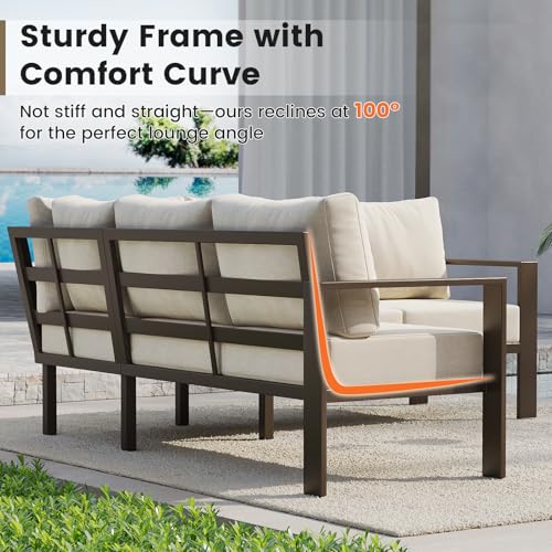 6 Piece Patio Furniture Set, Metal Outdoor Sectional Sofa with 6" Thick Olefin Cushions, Wide Armrest & Coffee Table, L Shaped Outdoor Furniture for Garden, Backyard Beige