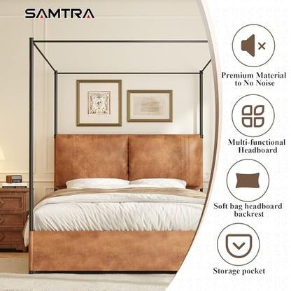 Queen Canopy Bed Frame with Tall Upholstered Faux Leather Headboard, view 5