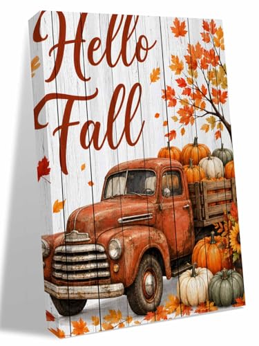 NuYeBiofx Hello Fall Words Brown Truck Canvas Wall Art Prints,48"x32" Framed Picture Artwork Maple Leaves Sunflowers Printed Canvas Oil Painting for Living Room Bedroom Office,Ready to Hang