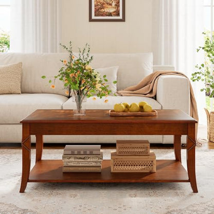 2-Tier Solid Wood Coffee Table with Shelf, 43.3 * 23.6 * 17.7in | Vintage Rectangle Cocktail Table with Dual Hourglass Top, Apartment Center Sofa Table with Curved Legs for Living Room
