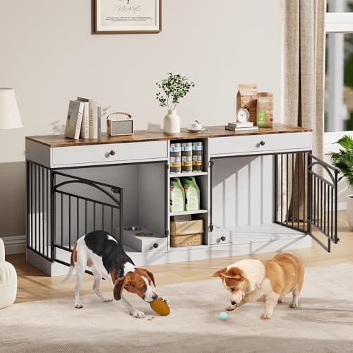 Dog Crate Furniture for 2 Dogs, Dog Kennel Indoor with Storage and Feeding Bowls, view 4