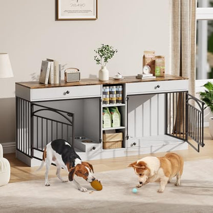 Dog Crate Furniture for 2 Dogs, Dog Kennel Indoor with Storage and Feeding Bowls, view 4