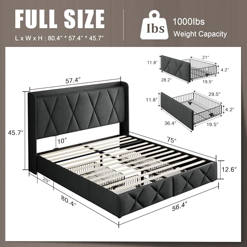 Full Size Bed Frame with 4 Storage Drawers and Charging Station, view 3