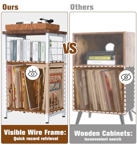 Record Player Stand, 3 Tier End Table with Double Layer Iron Wire Mesh Turntable Vinyl Record Stand Storage Up to 100 Albums, Nightstand Small Side Tables for Living Room Bedroom, White