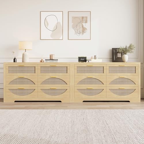12 Drawer Rattan Dresser for Bedroom,Boho 94.4" Natural Wood Chest of Drawers,TV Stand with Metal Handle,Large Storage Closet Organizer for Living Room,Hallway,Natual Oak