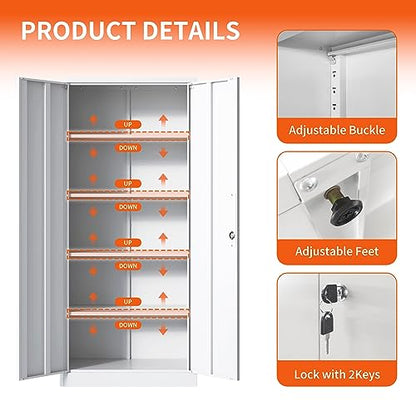 Metal Storage Cabinet with Adjustable Shelves, Garage Tool Cabinet with 2 Lockable Doors for Office, Home, Garage, Require Assembly, White