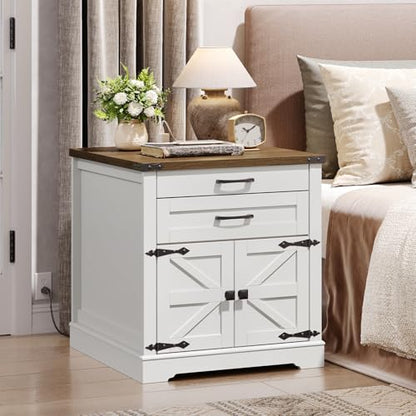 Farmhouse End Table with Charging Station, 24'' Sofa Side Table with 2 Drawers and Barn Door, Large Rustic Wooden Square Nightstand for Bedroom, Living Room, White and Walnut