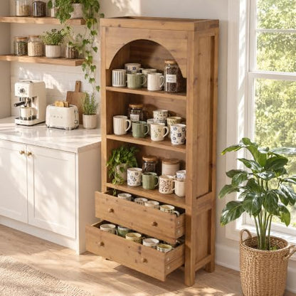 70" Solid Wood Tall Bookshelf with 3-Tier Shelves and 2 Drawers, view 6